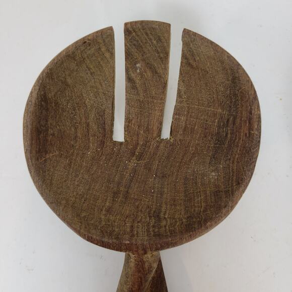 Hand Carved Wooden Salad Servers Set African Tribal Twisted Olive Wood Design - Picture 4 of 11